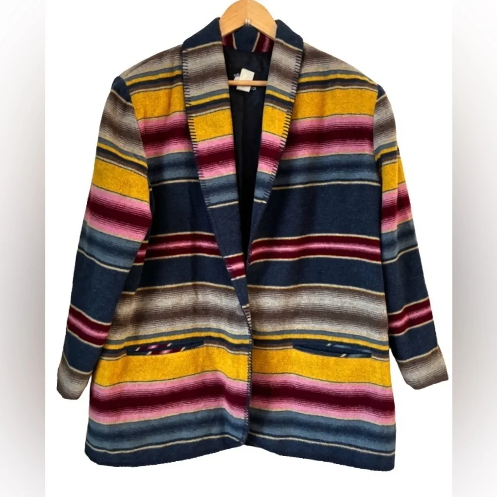 VINTAGEY2K Southwst Blnkt Stripe wool blnd lined blzr w blnkt stitch SZ S ethnic
